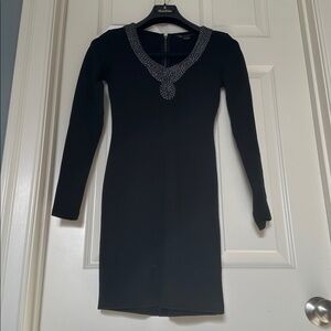 Armani Exchange Black Long Sleeve Dress with Beaded Silver-Tone Neckline